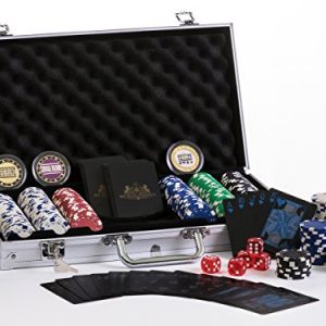 Premium Poker Chip Set With Aluminum Carrying Case. Upgraded Dealer/Small/Big Blind Buttons. PVC Black Water Proof Playing Cards. 300 Piece Composite, Texas Hold'em with Dice. Prime Professional