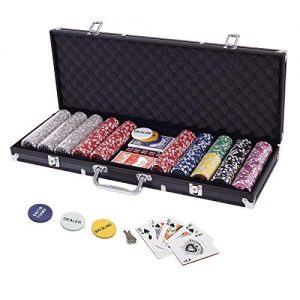 Display4top 500 Piece Texas Holdem Poker Chips Set with Aluminum Case ,2 Decks of Cards, Dealer, Small Blind, Big Blind Buttons and 5 Dice (500 Piece Chips)